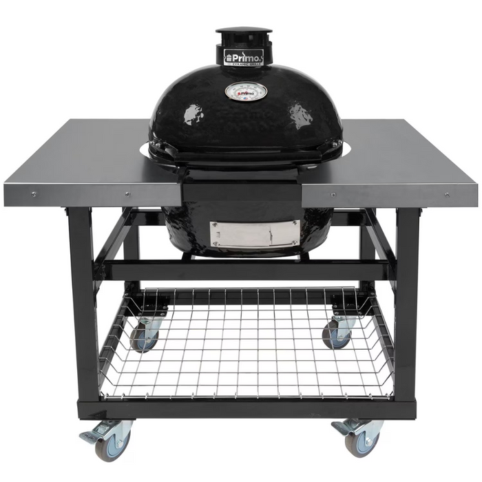 Primo Oval Junior 200 Ceramic Kamado Grill On Steel Cart With Side Tables And Stainless Steel Grates - PGCJRH