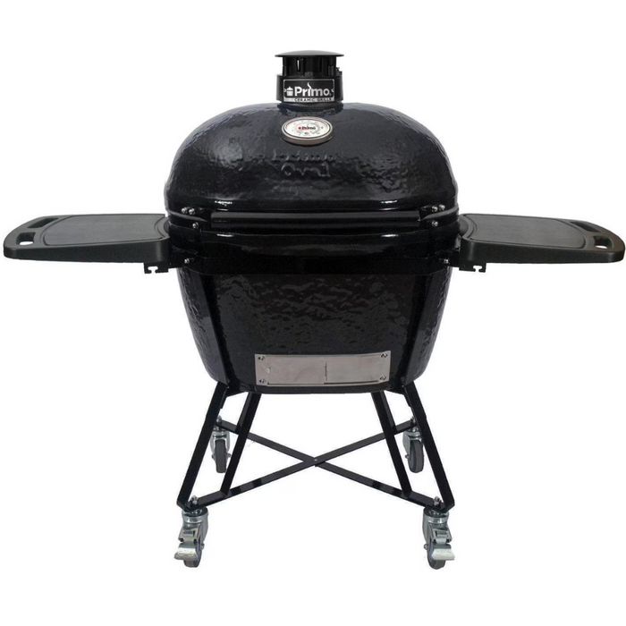 Primo All-In-One Oval Junior 200 Ceramic Kamado Grill With Cradle, Side Shelves And Stainless Steel Grates - PGCJRC