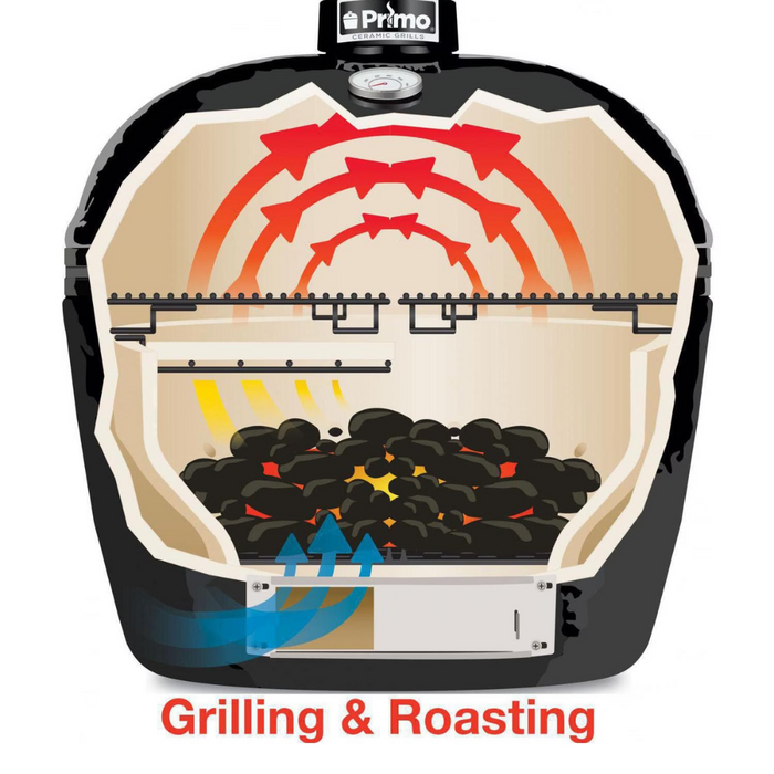 Primo All-In-One Oval XL 400 Ceramic Kamado Grill With Cradle, Side Shelves, And Stainless Steel Grates - PGCXLC