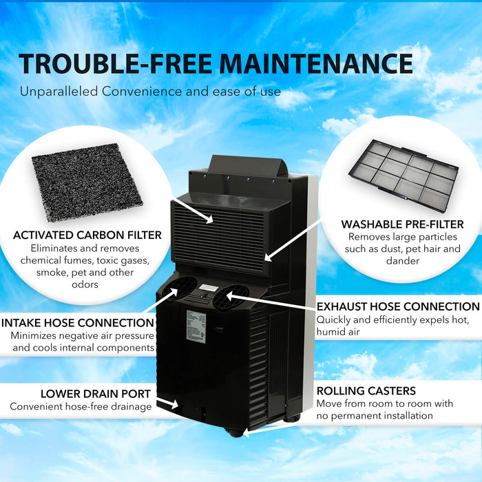 Whynter 14,000 BTU Dual Hose Portable Air Conditioner/Dehumidifier/Fan, Carbon Filter, Storage Bag, Platinum/Black ARC-14S