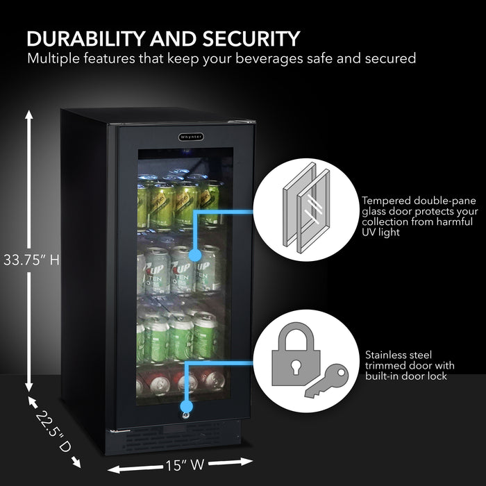 Whynter 15" Built-in Black Glass 80-can capacity 3.4 cu ft. Beverage Refrigerator BBR-801BG