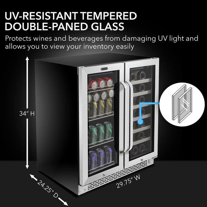 Whynter 30" Built-In French Door Dual Zone Wine Refrigerator (33 Bottle) & Beverage Center (88 Can) BWB-3388FDS